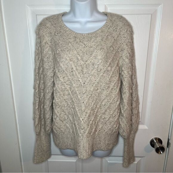 GAP Heather Oatmeal Cream Crew Neck Sweater Bobble Textured Knit Puff Sleeves M - Picture 5 of 13
